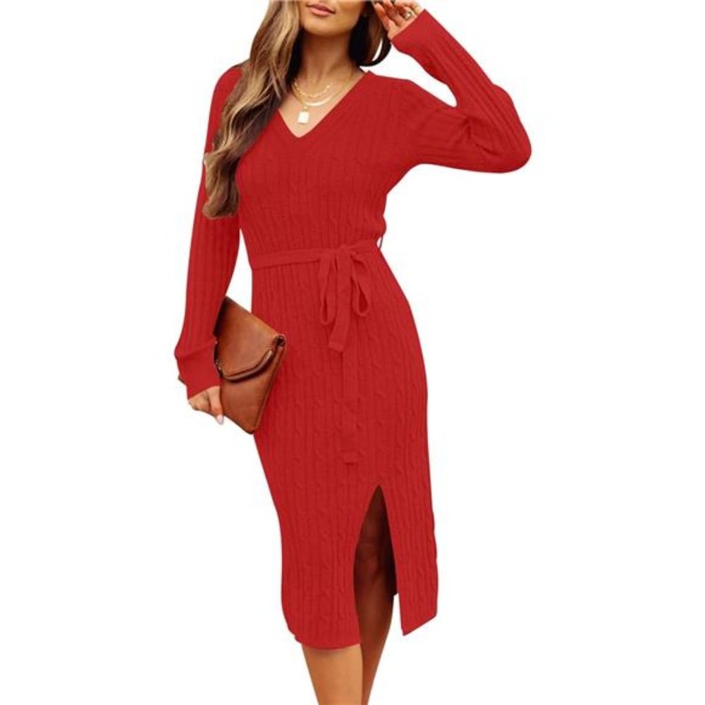 Women's V Neck Cable Knit Sweater Dress Long Sleeve Bodycon Slit Midi Dress, Red